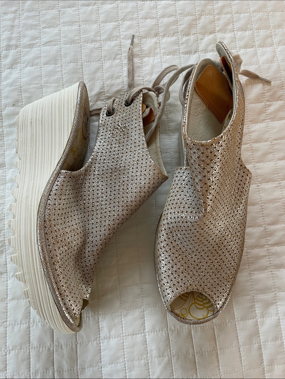 Fly London- Ypul - Women’s Metallic Lace-Up Wedge Peep-Toe Sandals - Size 40